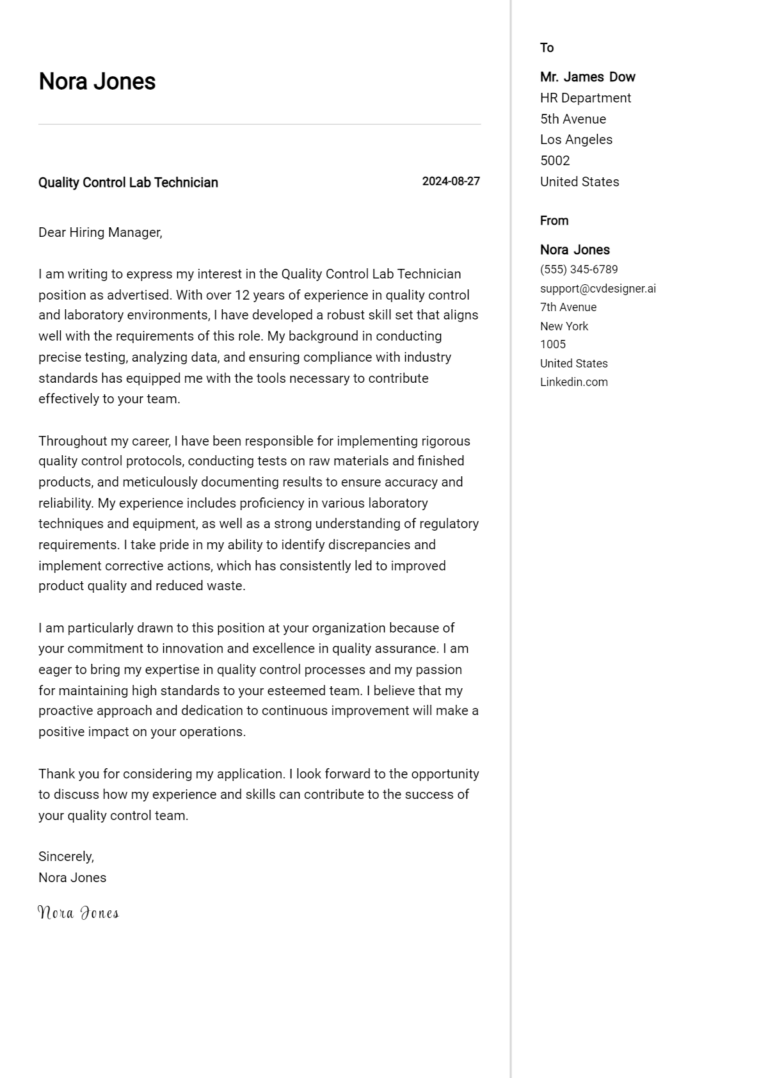12 Quality Control Lab Technician Cover Letter Examples for 2025: Top CV Skills