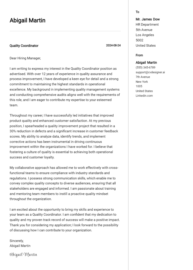 Quality Coordinator Cover Letter Example for 2025 (Free Templates)