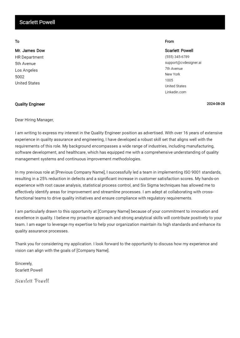 Quality Engineer Cover Letter Example for 2025 (Complete Writing Guide)