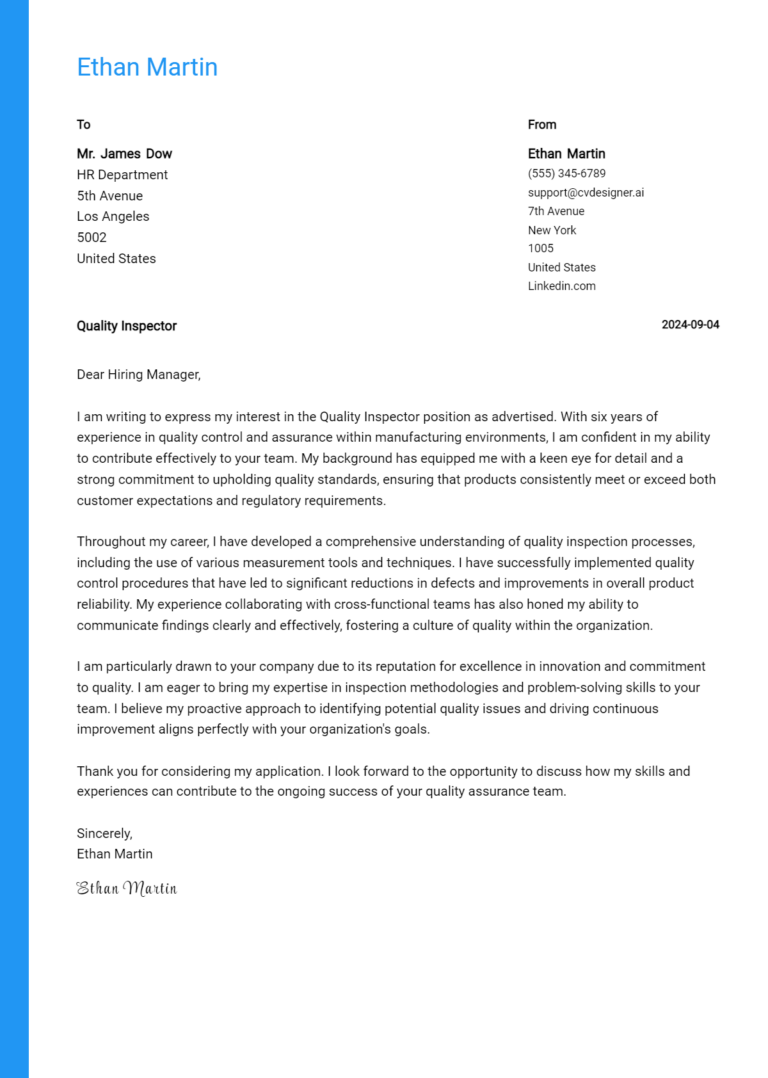 Quality Inspector Cover Letter Example for 2025: Top CV Skills