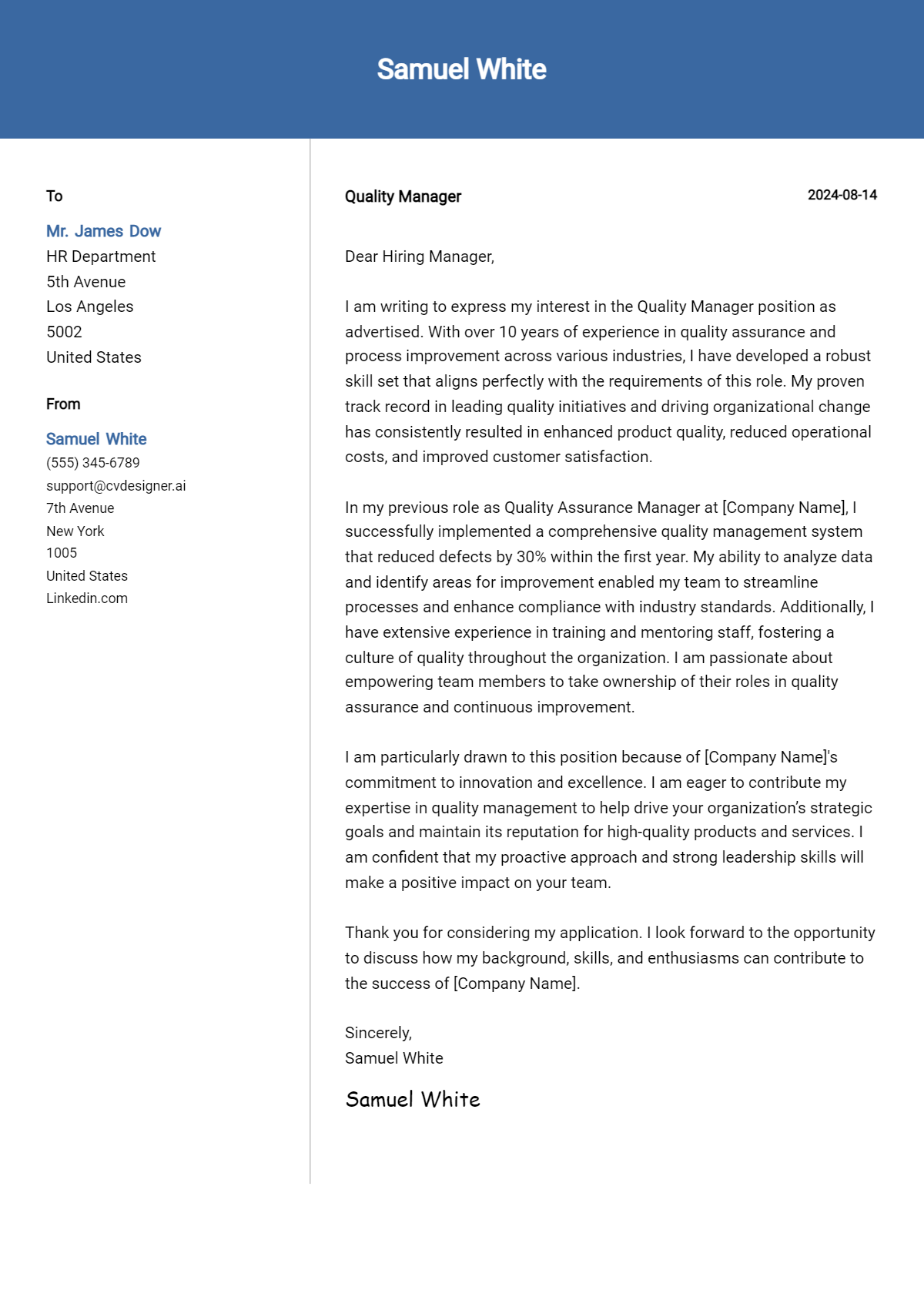 quality manager cover letter example