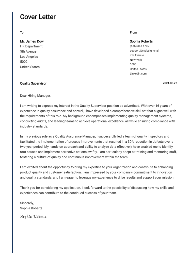 16 Quality Supervisor Cover Letter Examples and Templates for 2025
