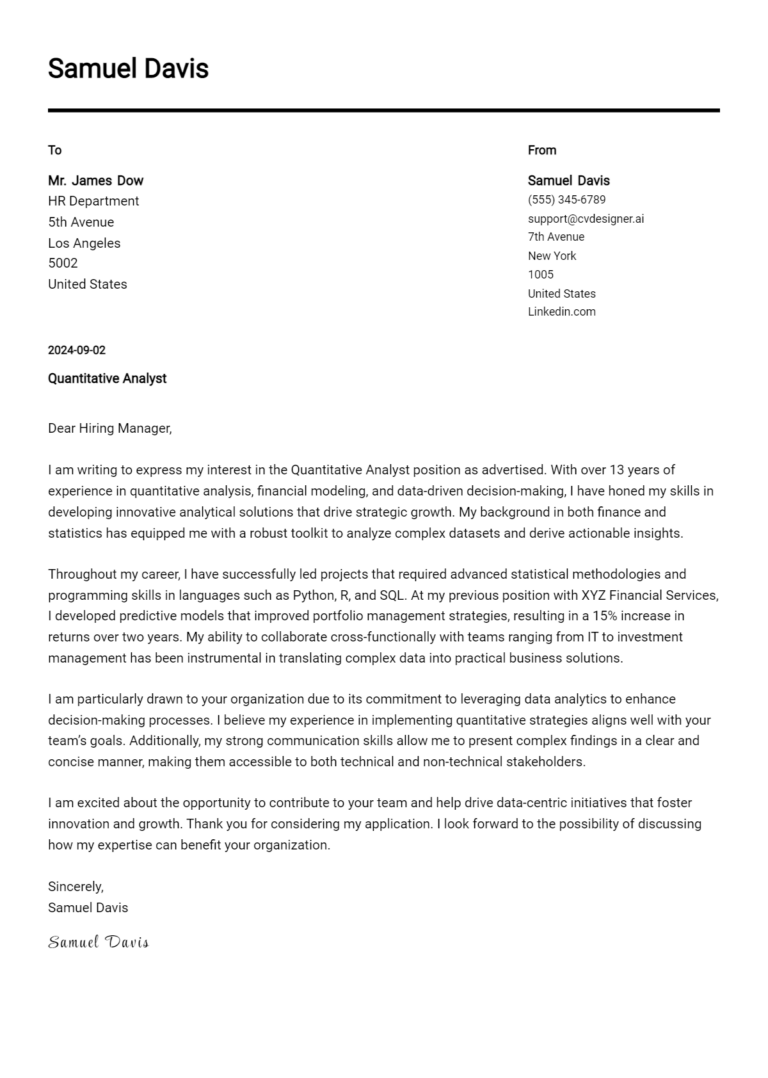 Quantitative Analyst Cover Letter Example for 2025 (Download Templates)