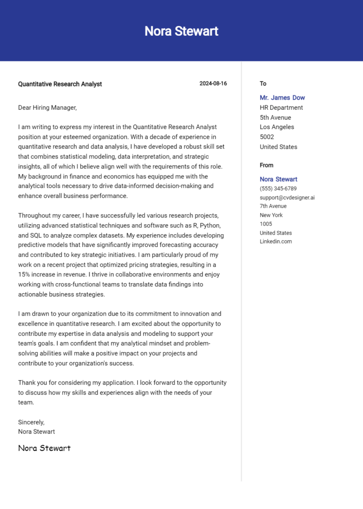 quantitative research analyst cover letter example