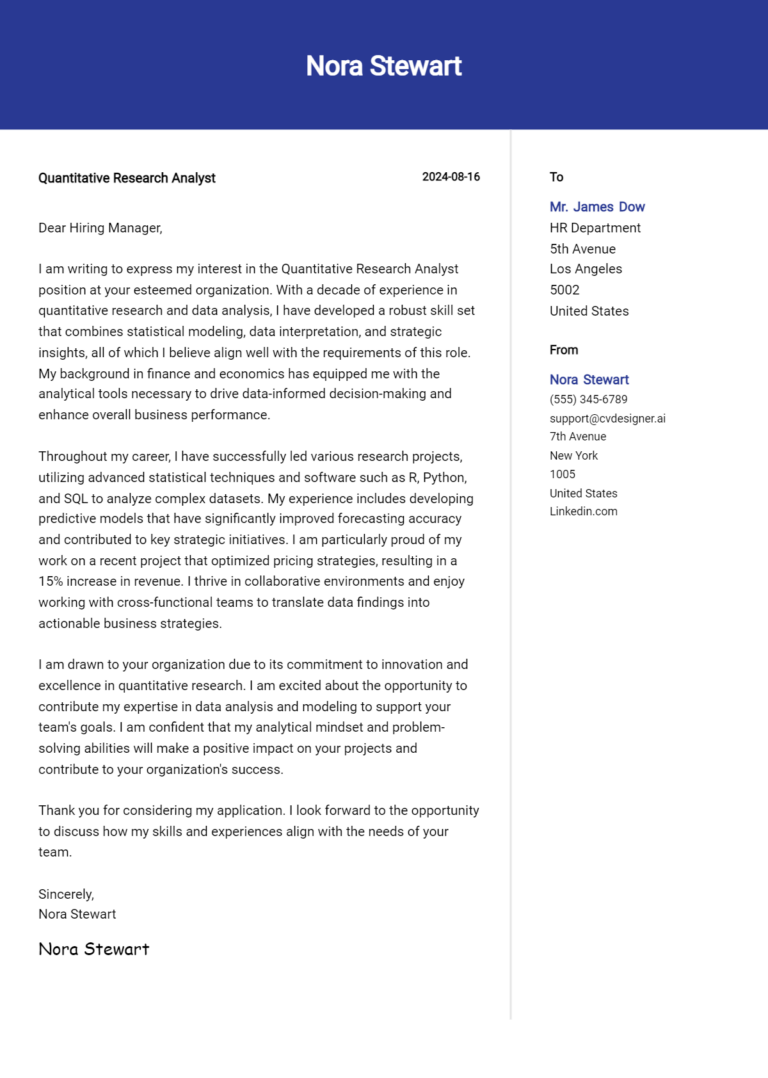 Quantitative Research Analyst Cover Letter Example for 2025: Top CV Skills