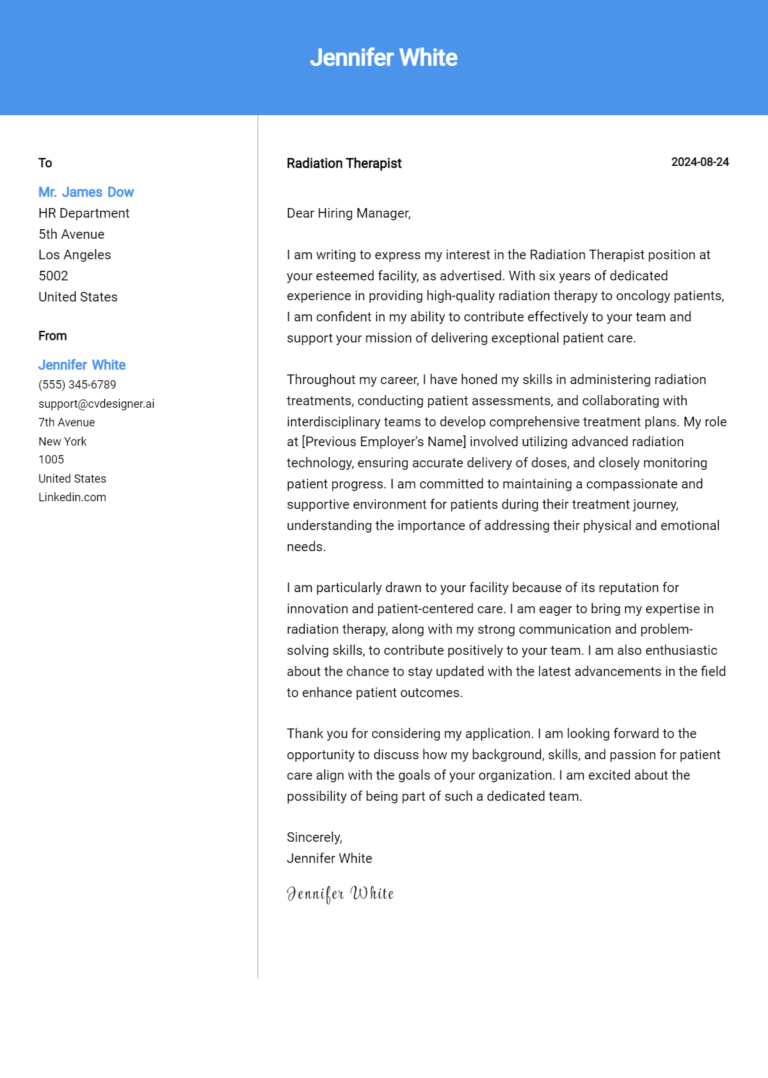 Radiation Therapist Cover Letter Example for 2025: Tips & Templates