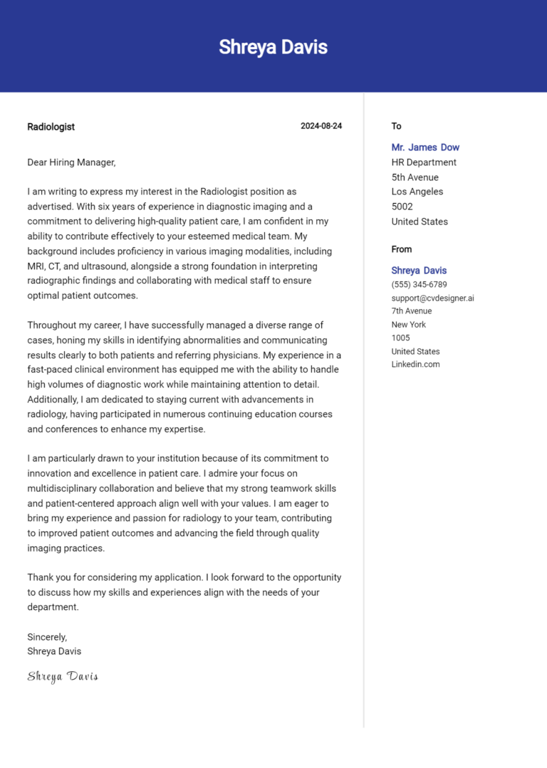 Radiologist Cover Letter Example for 2025 (Free Templates)