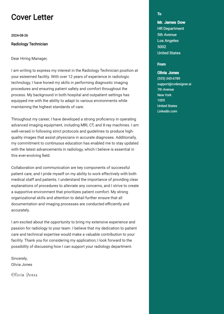 Radiology Technician Cover Letter Example for 2025: Ultimate Guide