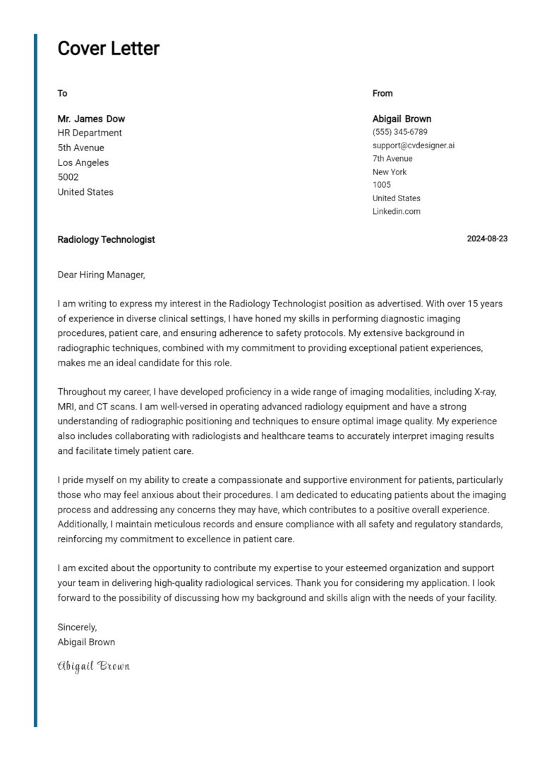 Radiology Technologist Cover Letter Examples & Samples for 2025