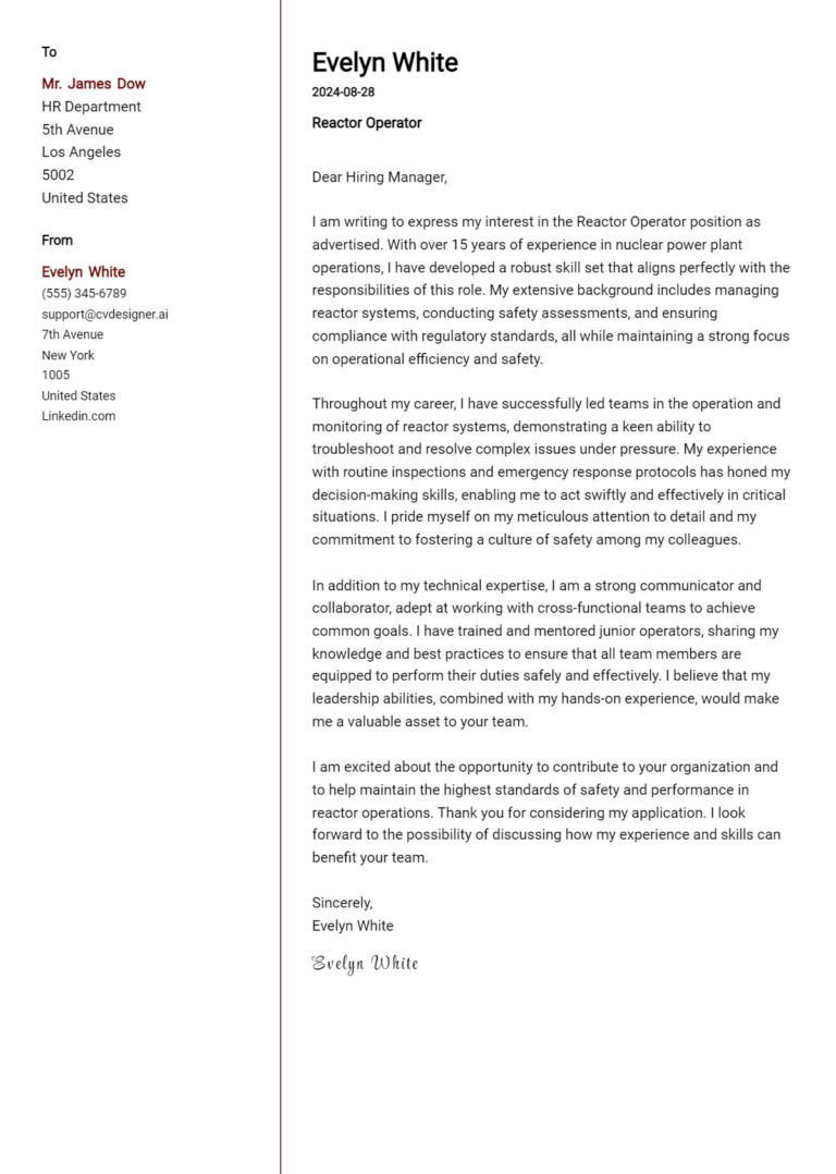 Reactor Operator Cover Letter Example for 2025: Expert Tips & Templates
