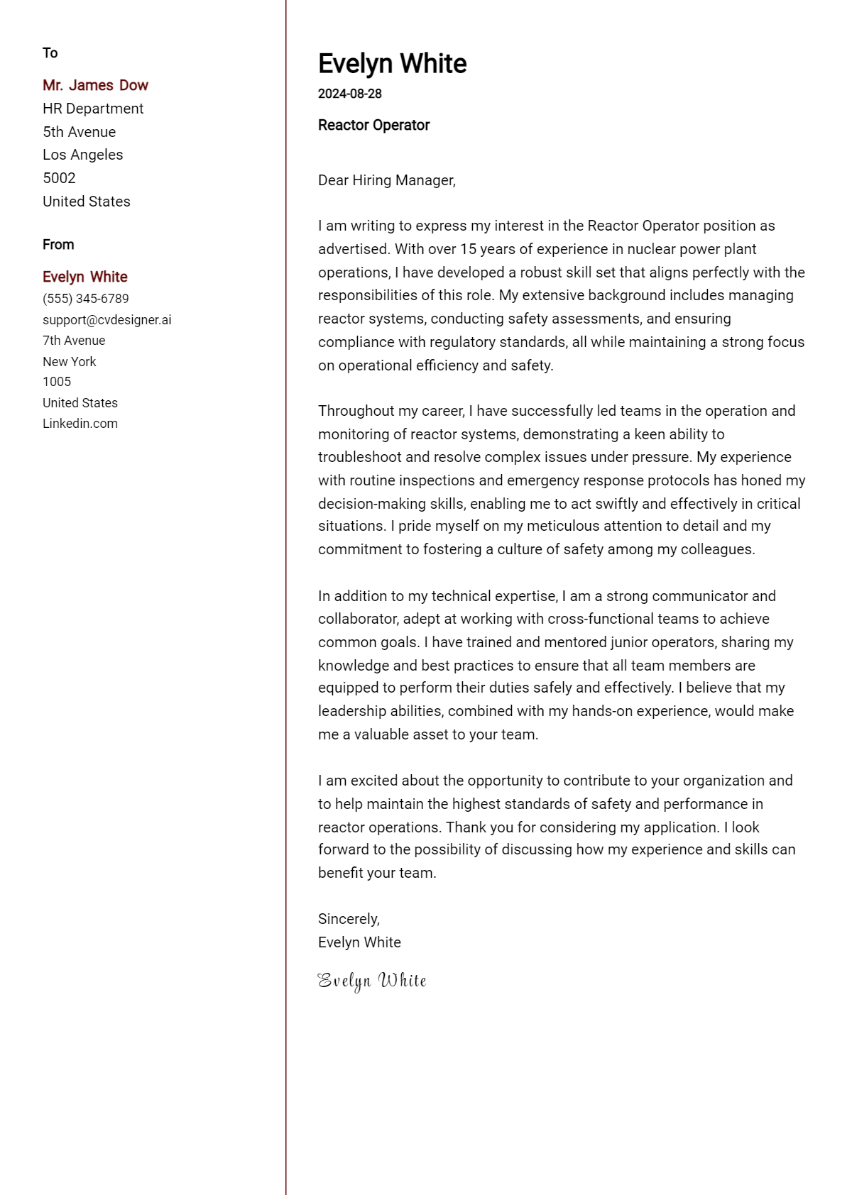 reactor operator cover letter example