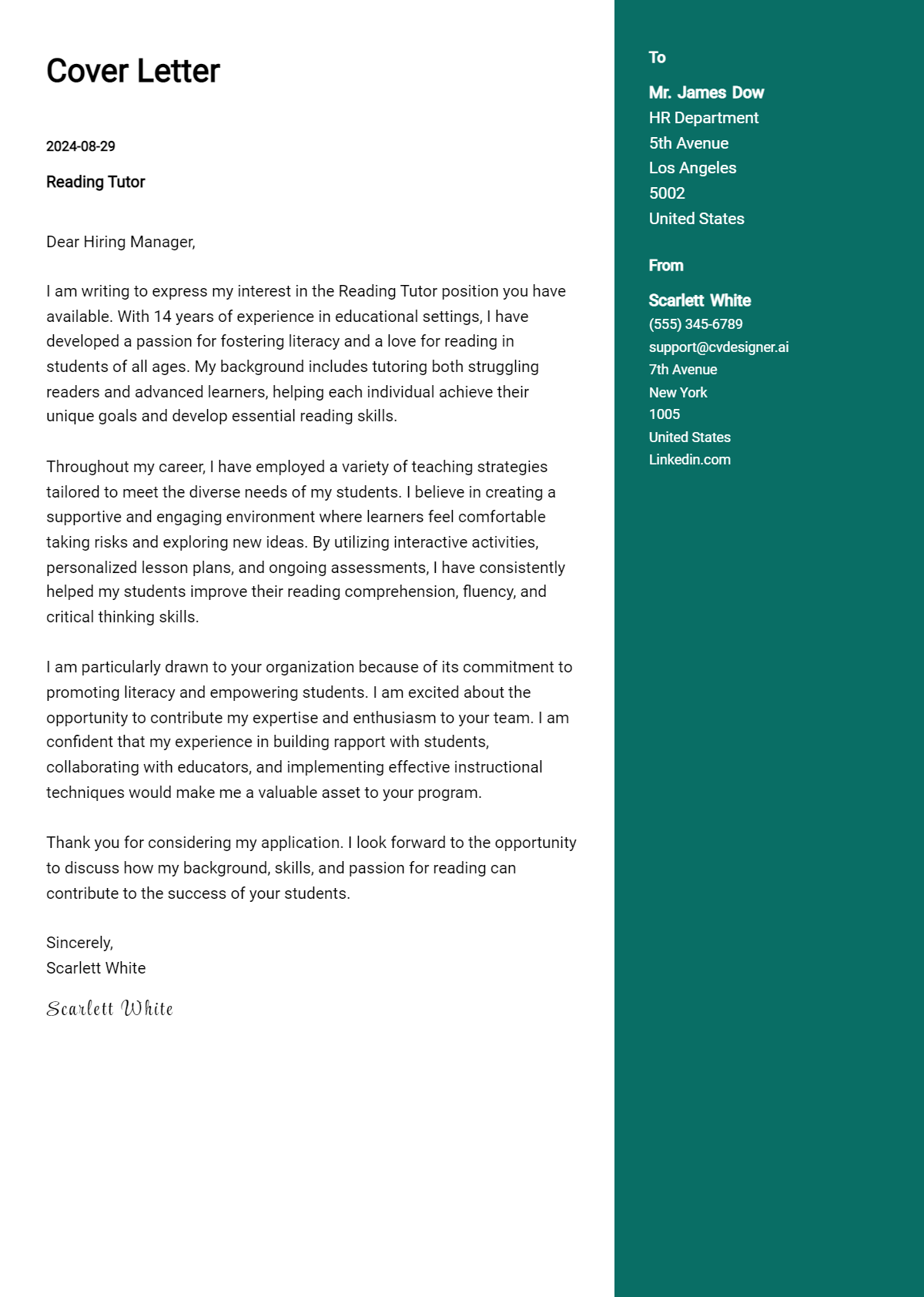 reading tutor cover letter example