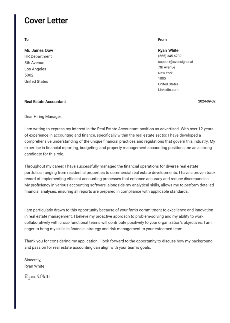 Real Estate Accountant Cover Letter Example for 2025: Proven Tips