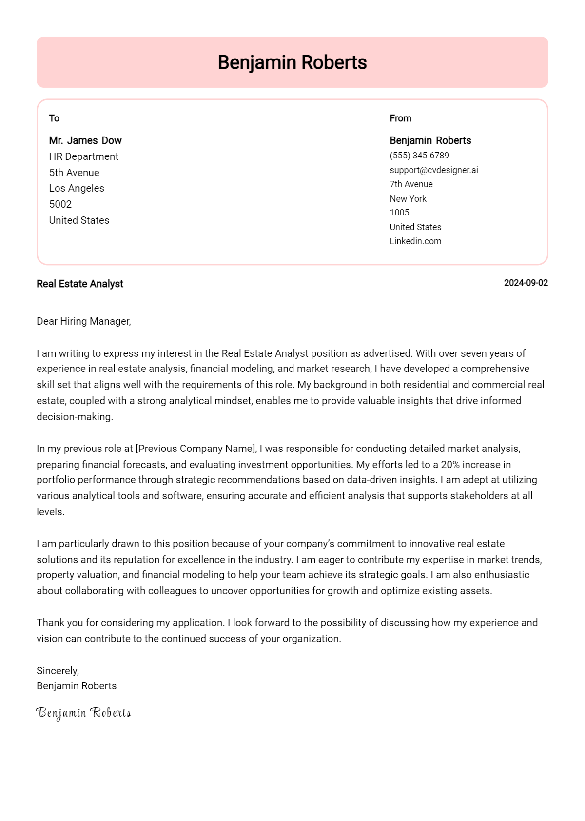 real estate analyst cover letter example