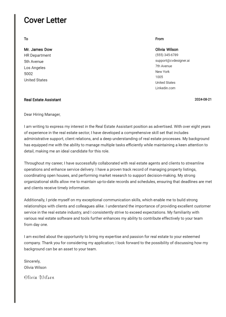 Real Estate Assistant Cover Letter Example for 2025: Expert Tips & Templates