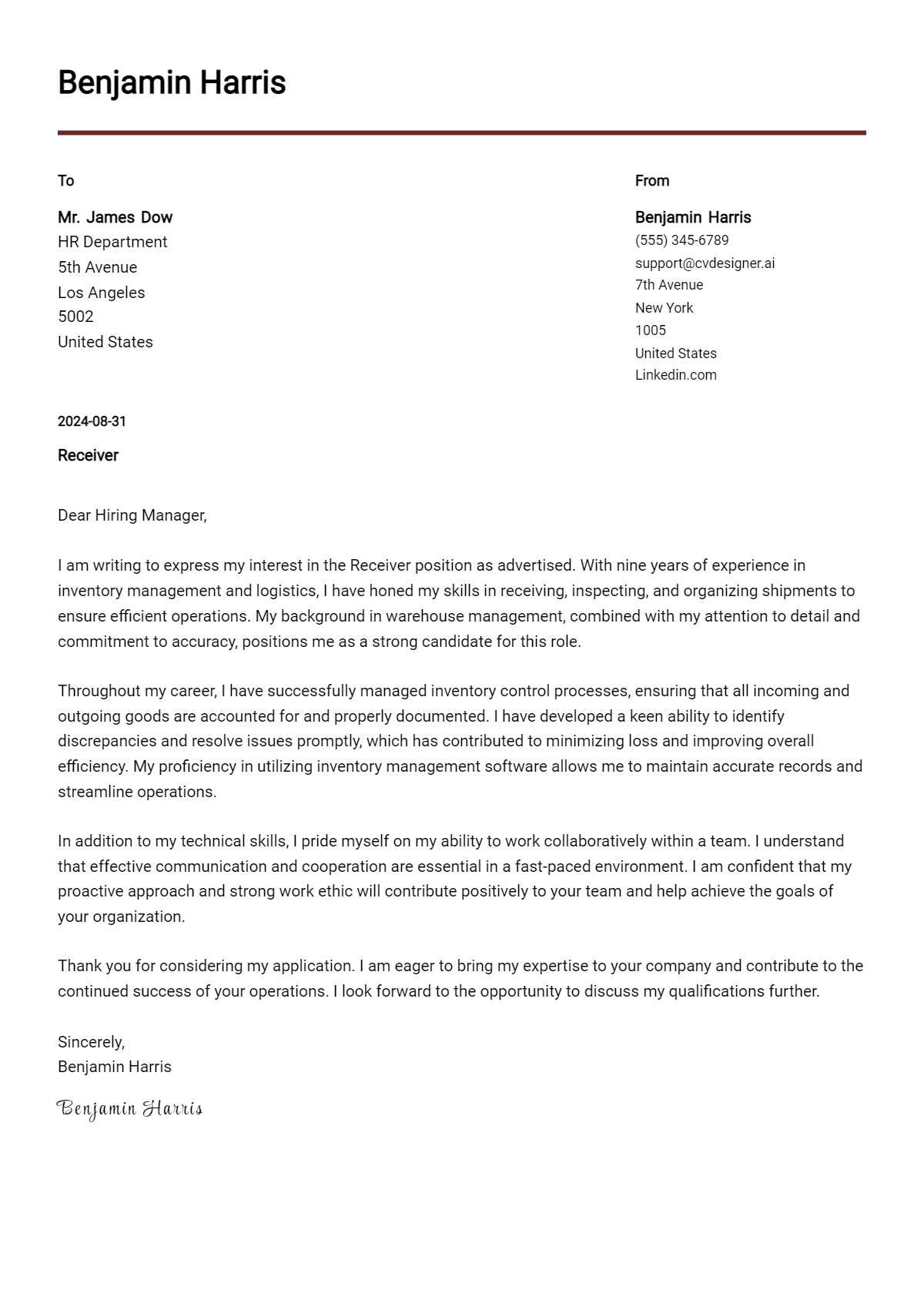 receiver cover letter example