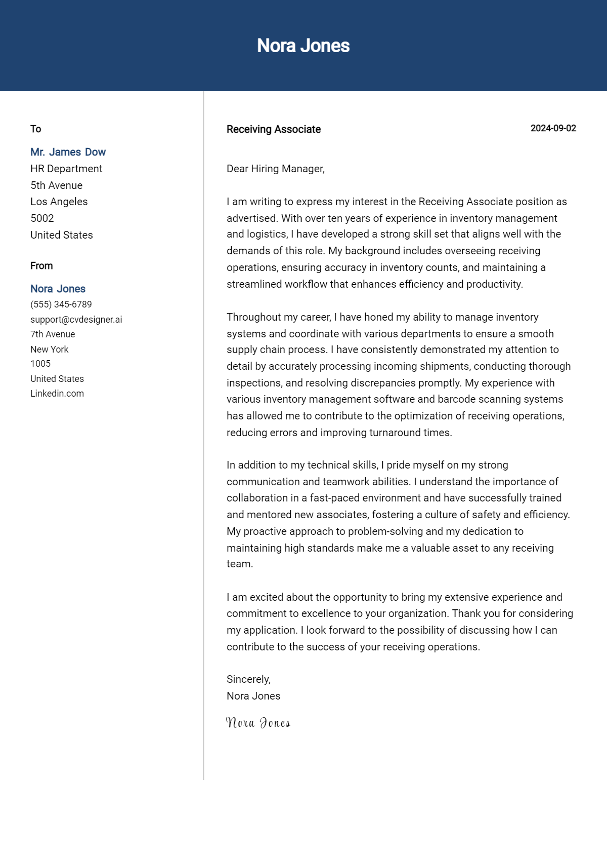 receiving associate cover letter example