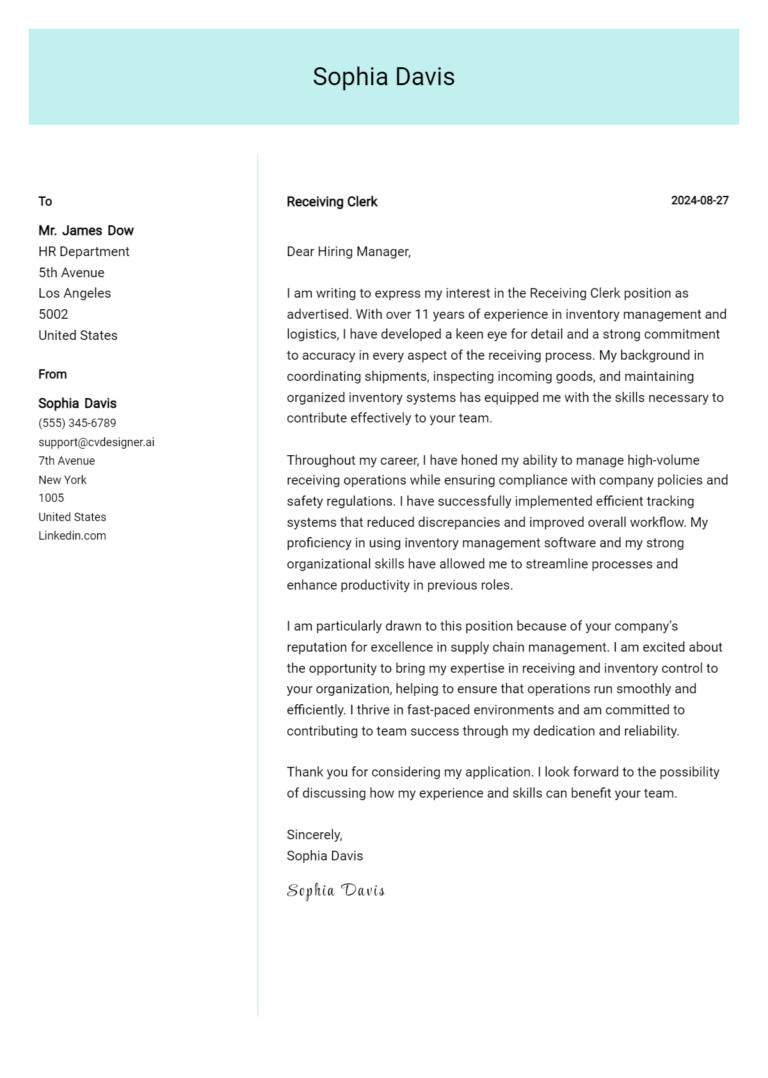 Receiving Clerk Cover Letter Example for 2025: Free Templates