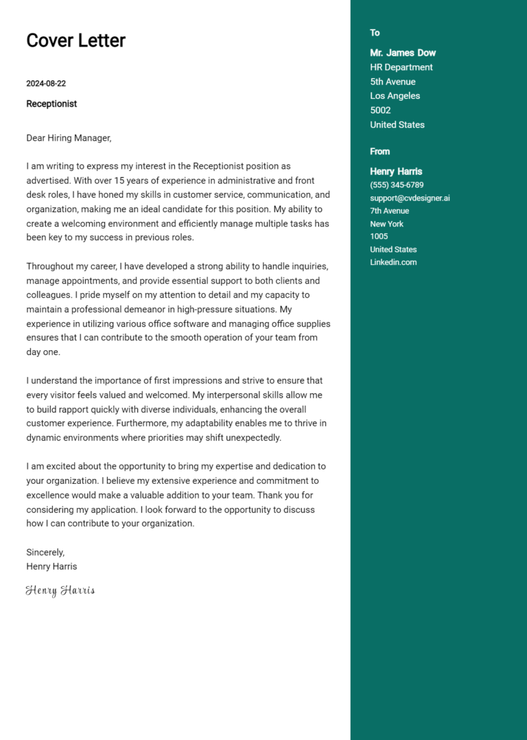 Receptionist Cover Letter Example for 2025: Top CV Skills