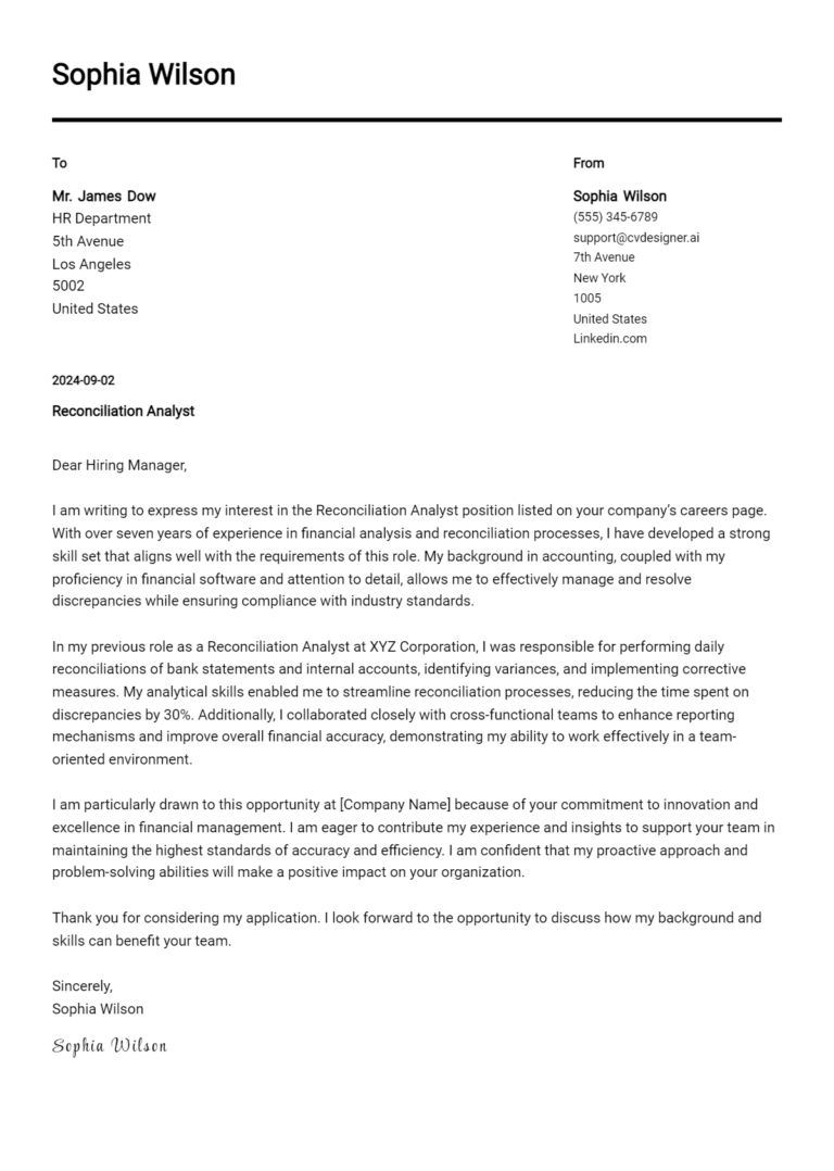 Reconciliation Analyst Cover Letter Example for 2025 (Complete Writing Guide) 1 Reconciliation Analyst Cover Letter Example for 2025 (Complete Writing Guide)