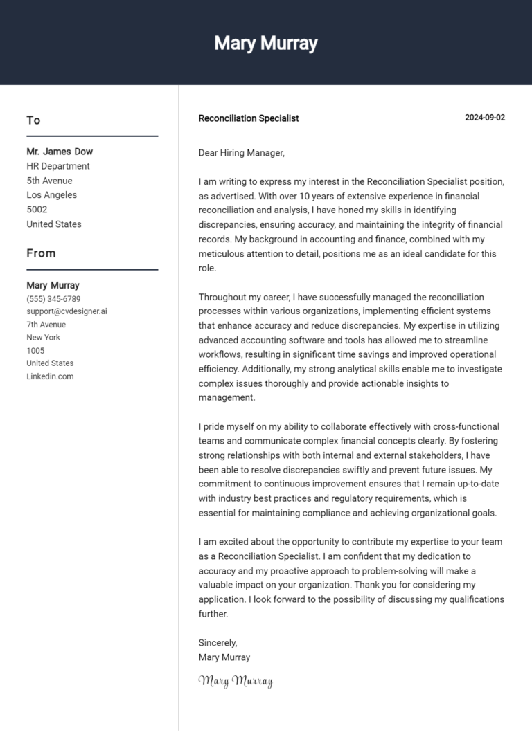 Reconciliation Specialist Cover Letter Example for 2025 (Complete Writing Guide)