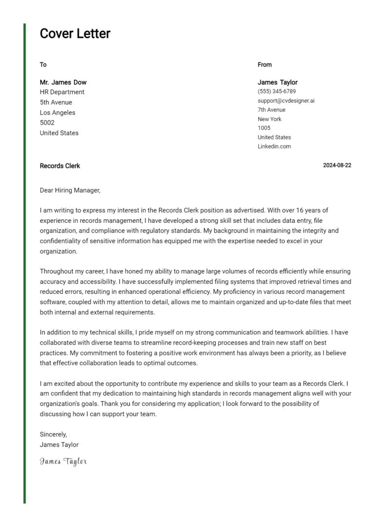 Records Clerk Cover Letter Example for 2025: Expert Tips & Templates 1 Records Clerk Cover Letter Example for 2025: Expert Tips & Templates