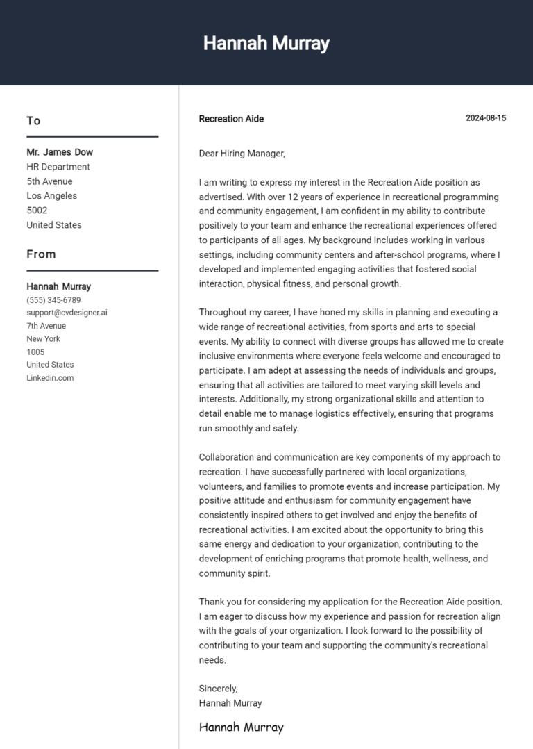 Recreation Aide Cover Letter Example for 2025: Tips & Templates 1 Recreation Aide Cover Letter Example for 2025: Tips & Templates