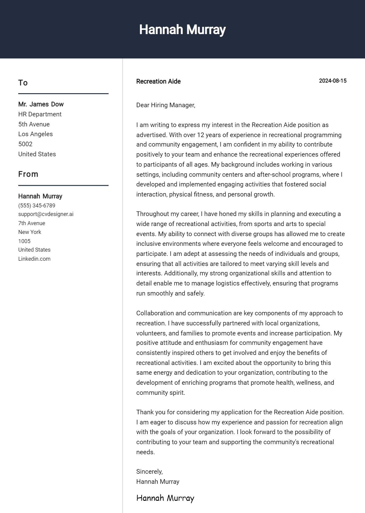 recreation aide cover letter example