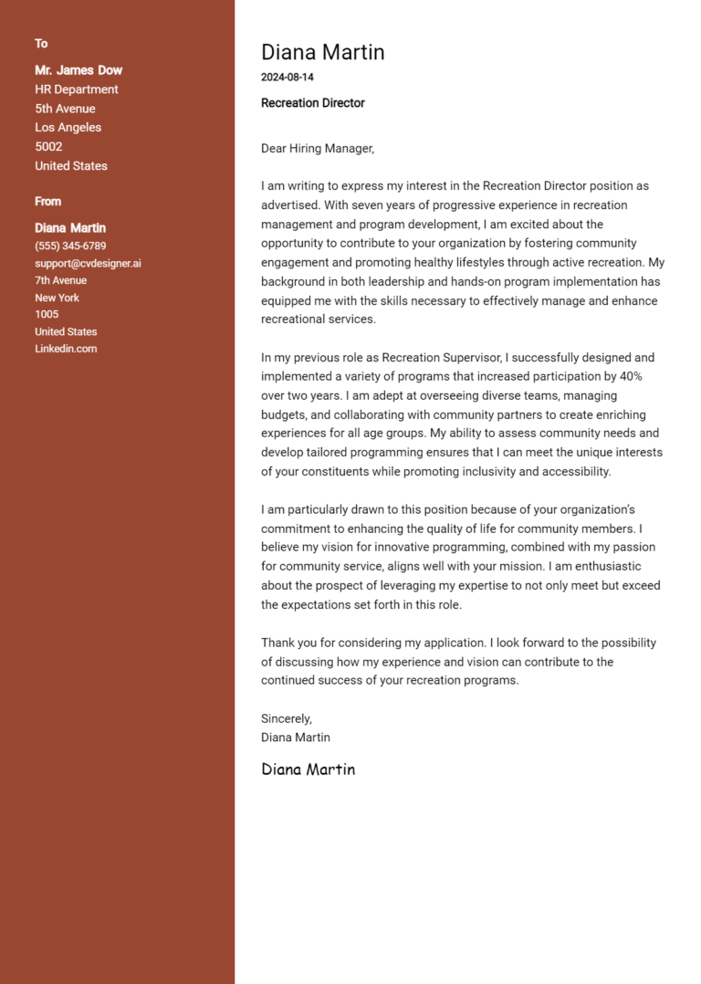 Recreation Director Cover Letter Example for 2025: Tips & Templates