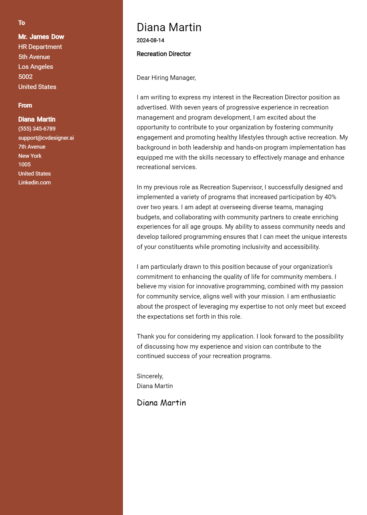 recreation director cover letter example