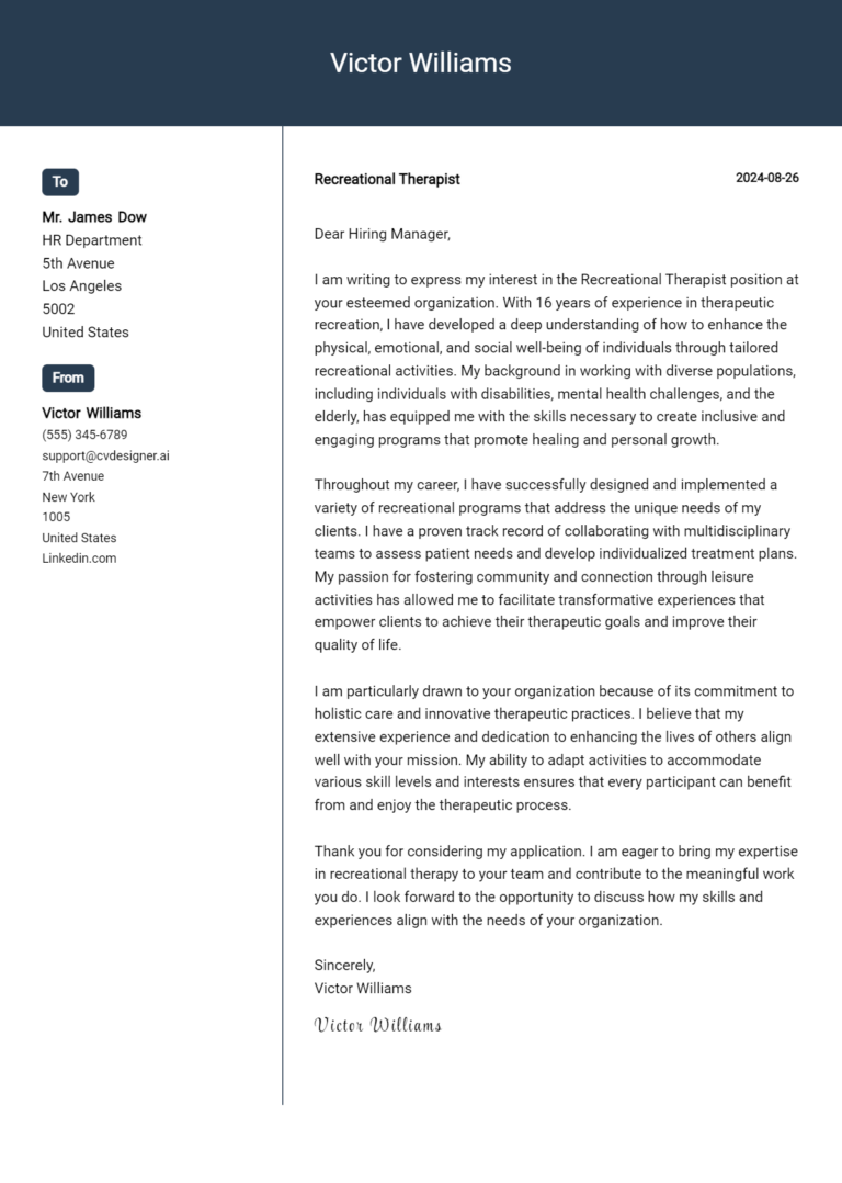 Recreational Therapist Cover Letter Examples for 2025 (Downloadable)