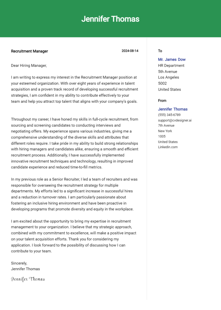 Recruitment Manager Cover Letter Examples with Writing Tips for 2025