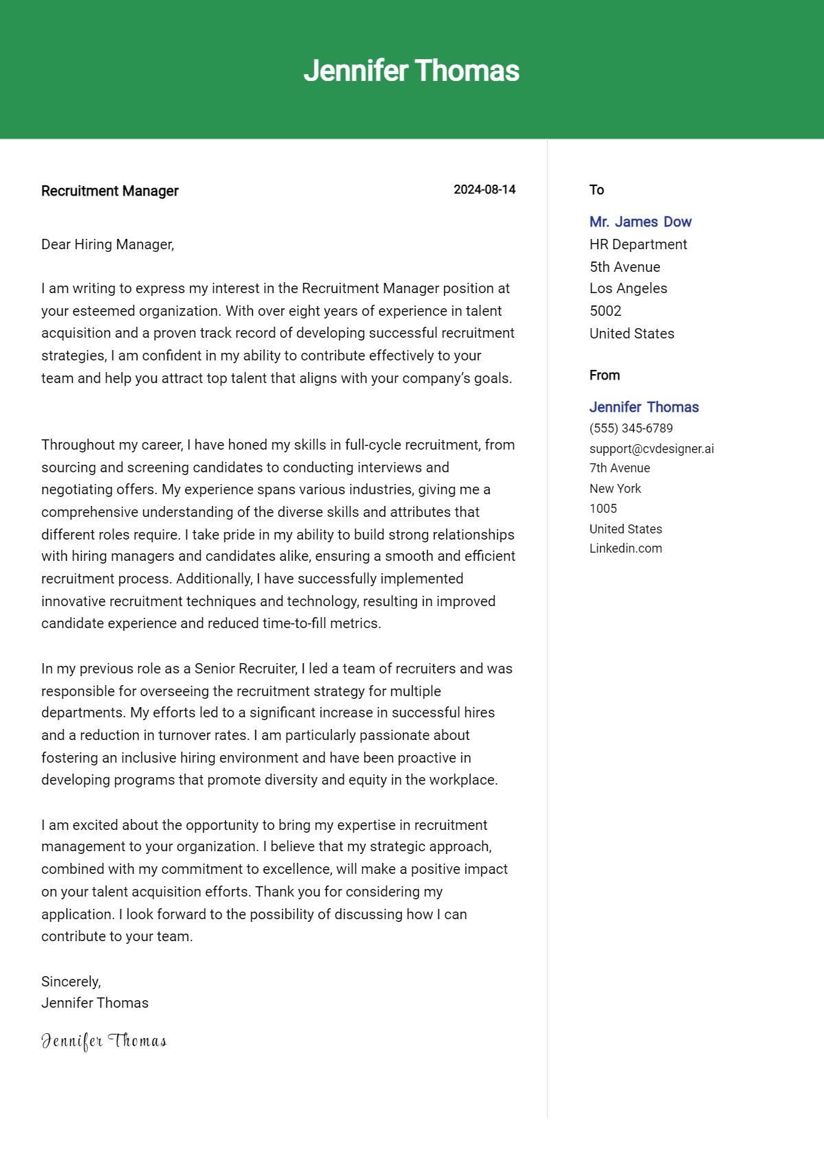 recruitment manager cover letter example