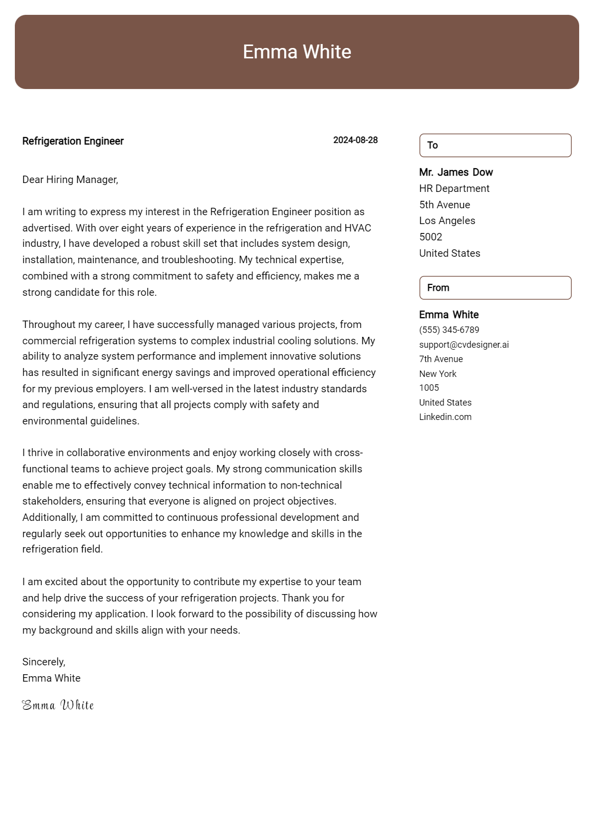 refrigeration engineer cover letter example