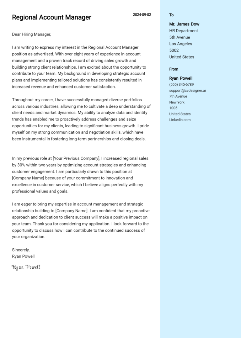 Regional Account Manager Cover Letter Example for 2025 (Complete Writing Guide)