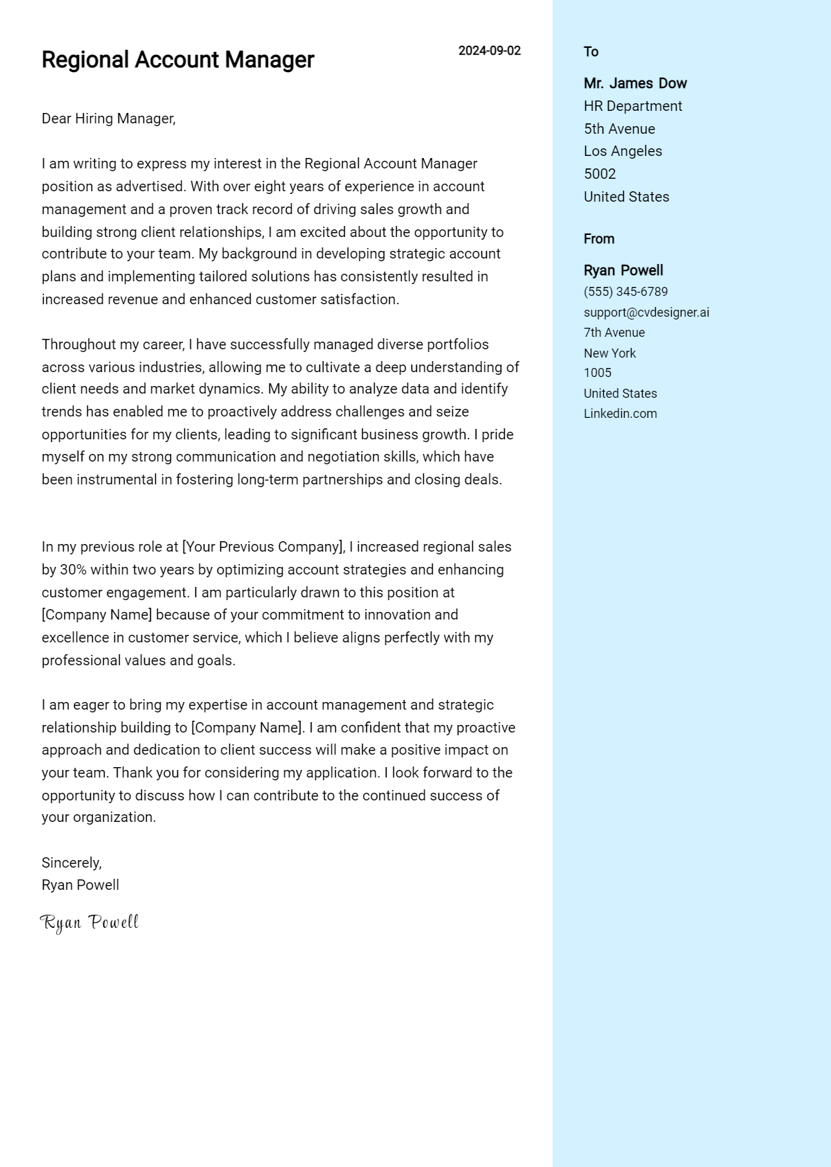 regional account manager cover letter example