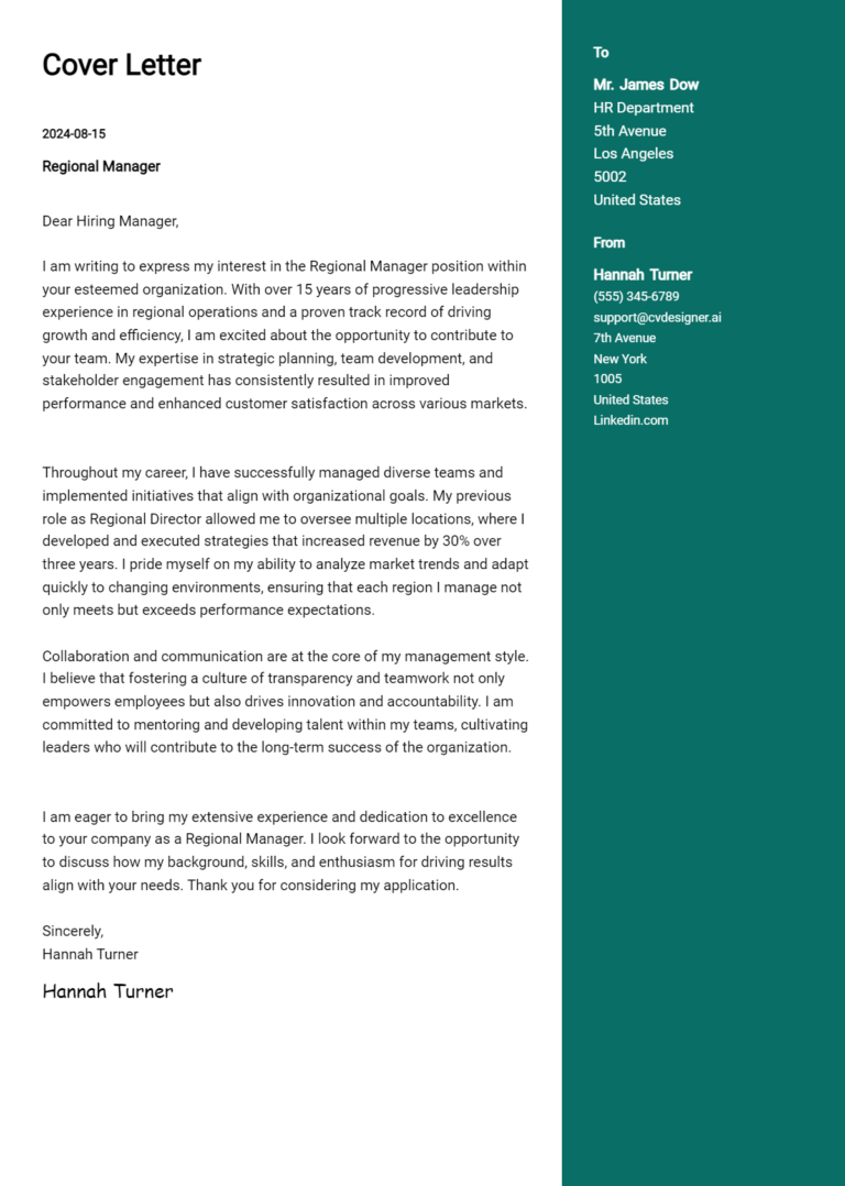 Regional Manager Cover Letter Example for 2025: Tips & Templates 1 Regional Manager Cover Letter Example for 2025: Tips & Templates