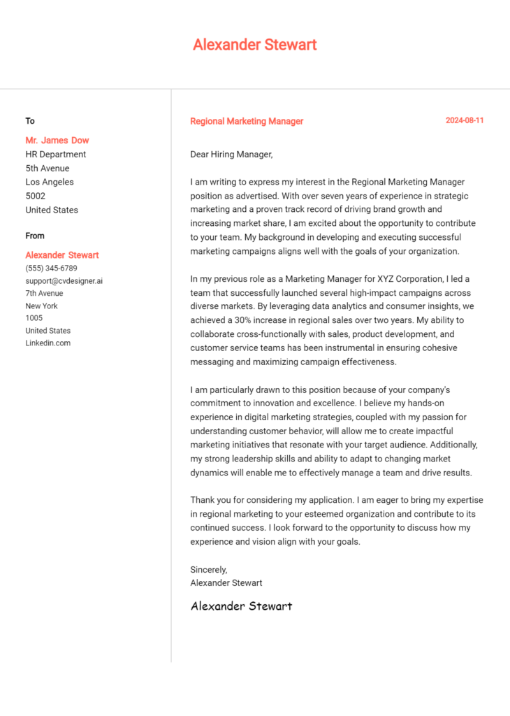 regional marketing manager cover letter example