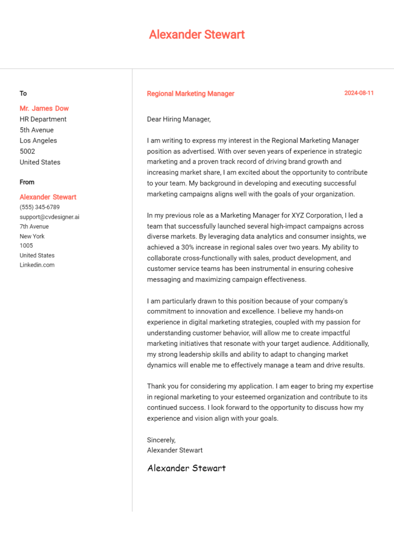 22 Regional Marketing Manager Cover Letter Examples for 2025