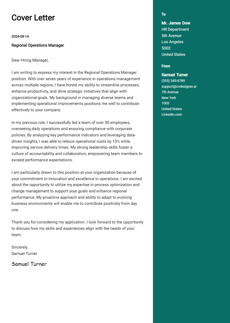 Regional Operations Manager Cover Letter Example for 2025: Expert Tips & Templates