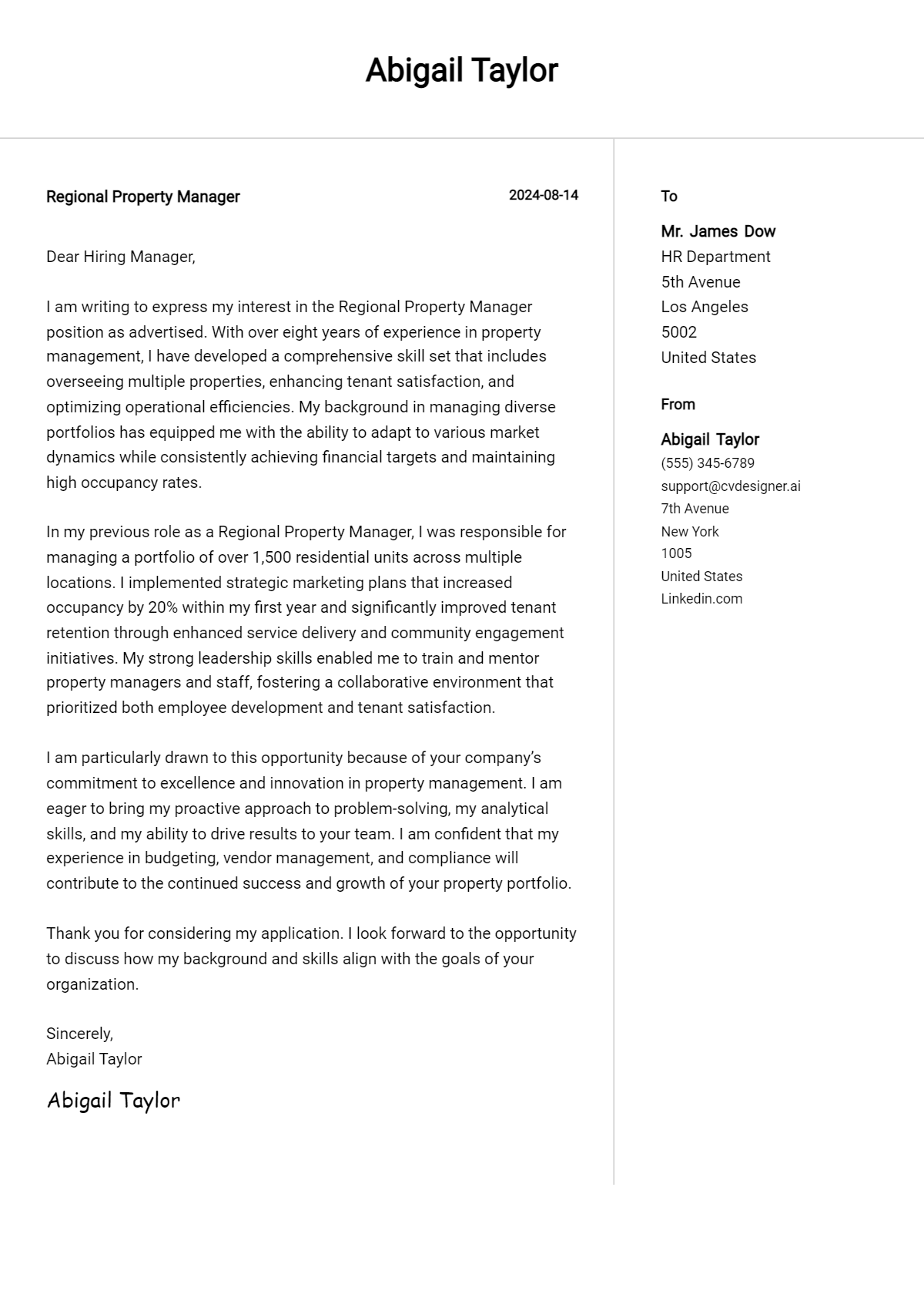 regional property manager cover letter example