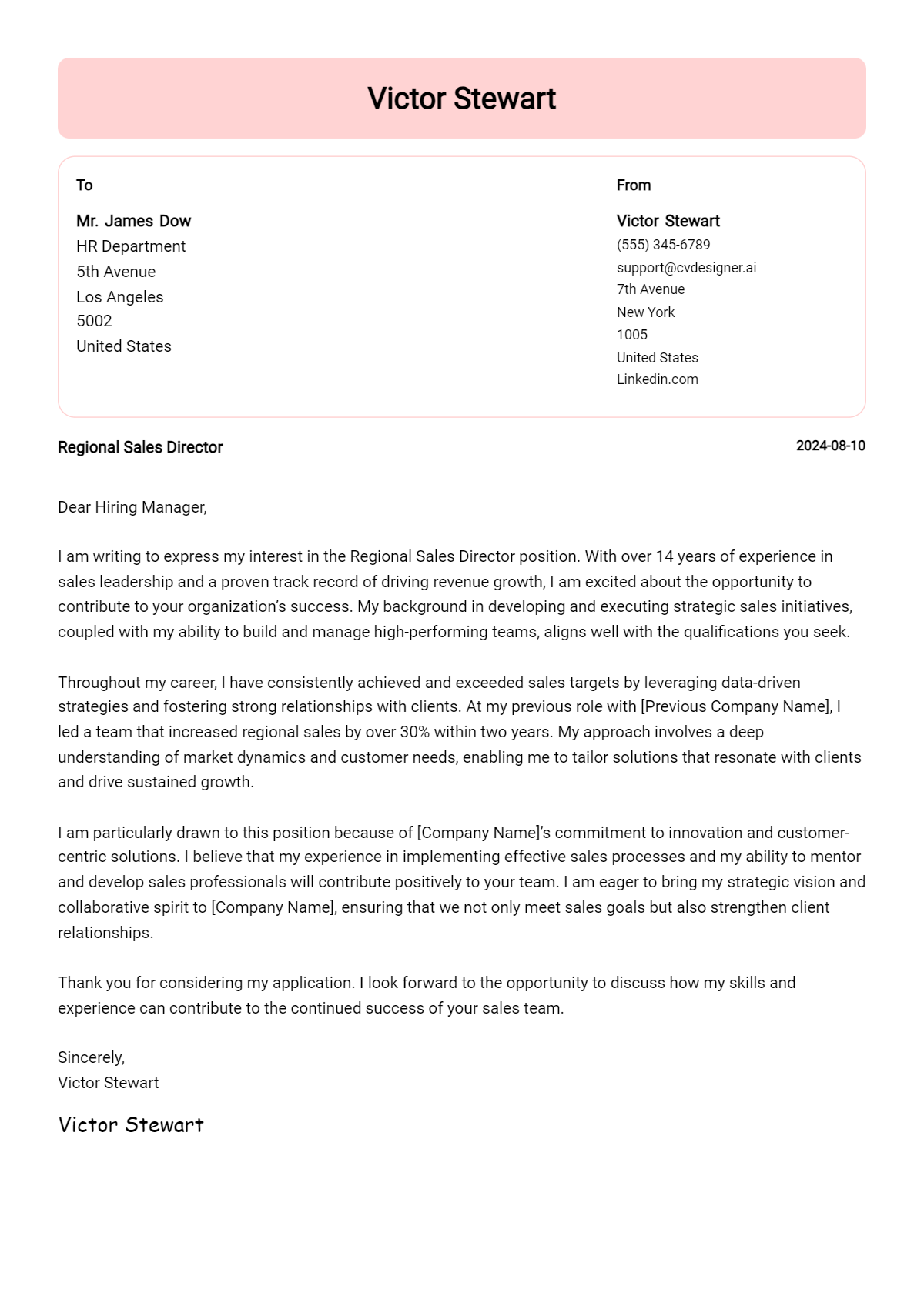 regional sales director cover letter example