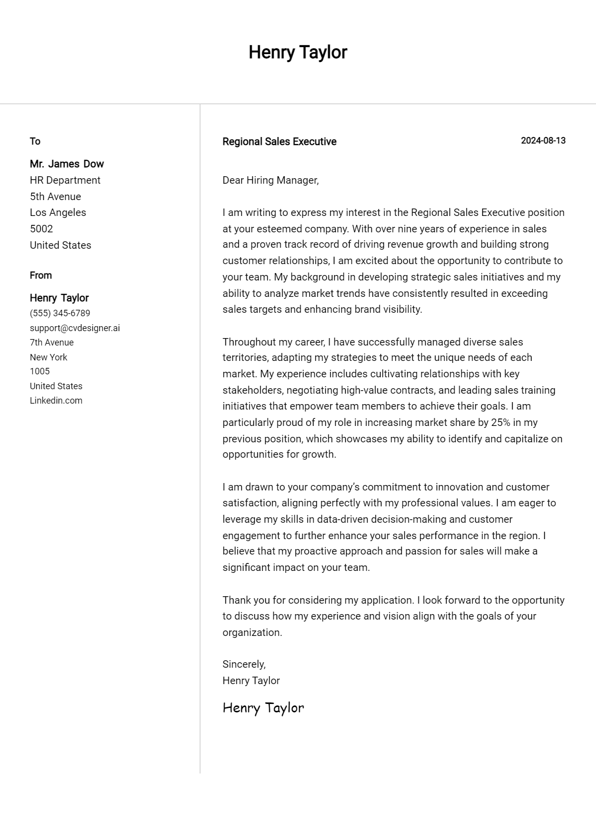 regional sales executive cover letter example