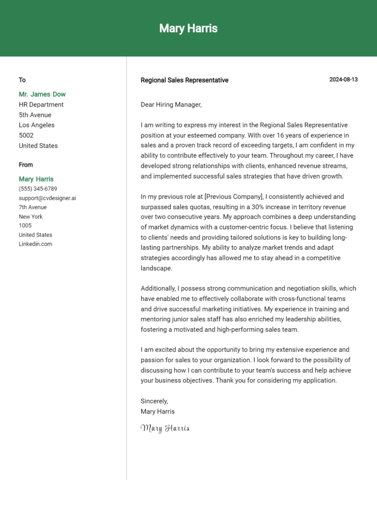 8 Regional Sales Representative Cover Letter Examples for 2025: Tips & Templates 1 8 Regional Sales Representative Cover Letter Examples for 2025: Tips & Templates