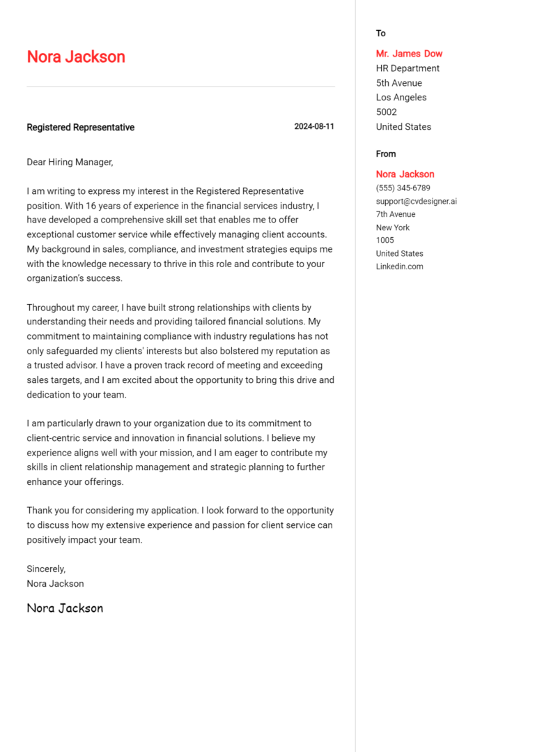 Registered Representative Cover Letter Example for 2025 (Complete Writing Guide)