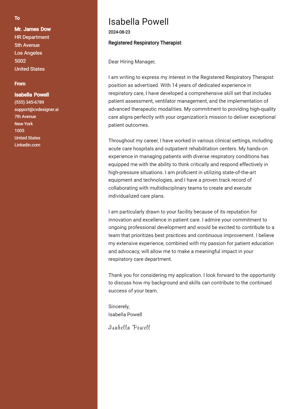 registered respiratory therapist cover letter example