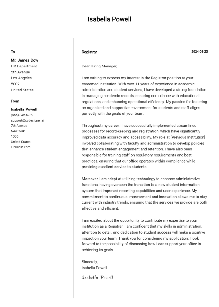 Registrar Cover Letter Examples with Writing Tips for 2025