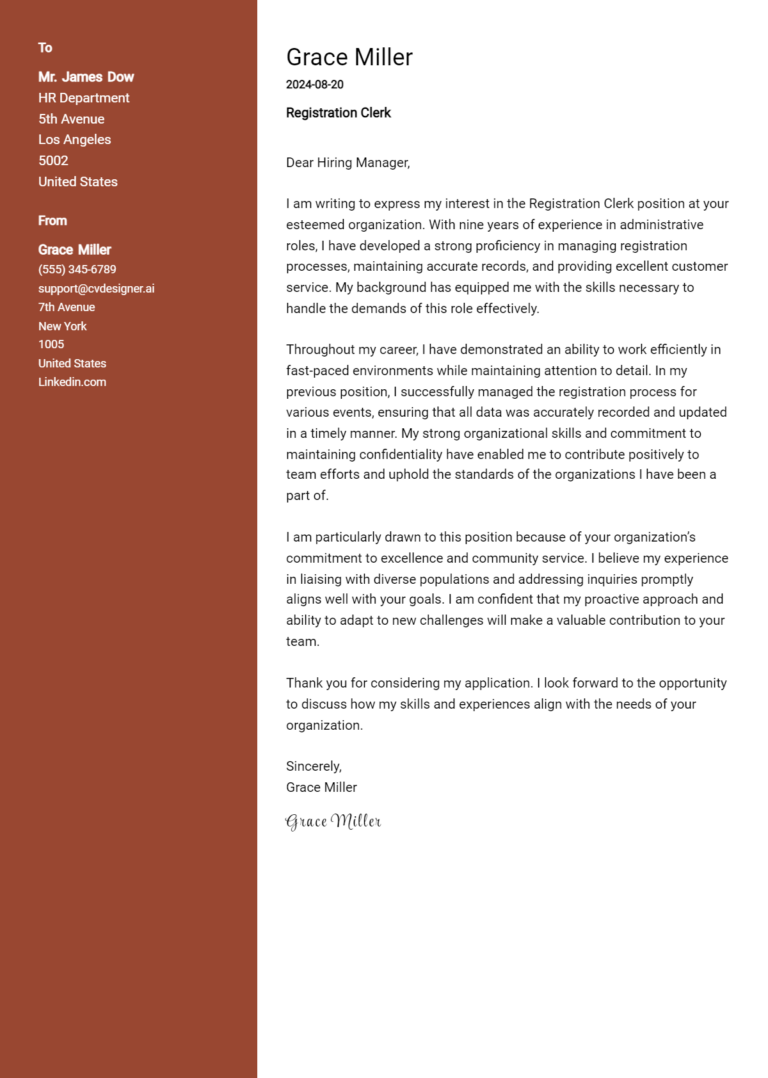 17 Registration Clerk Cover Letter Examples for 2025 (Download Templates) 1 17 Registration Clerk Cover Letter Examples for 2025 (Download Templates)