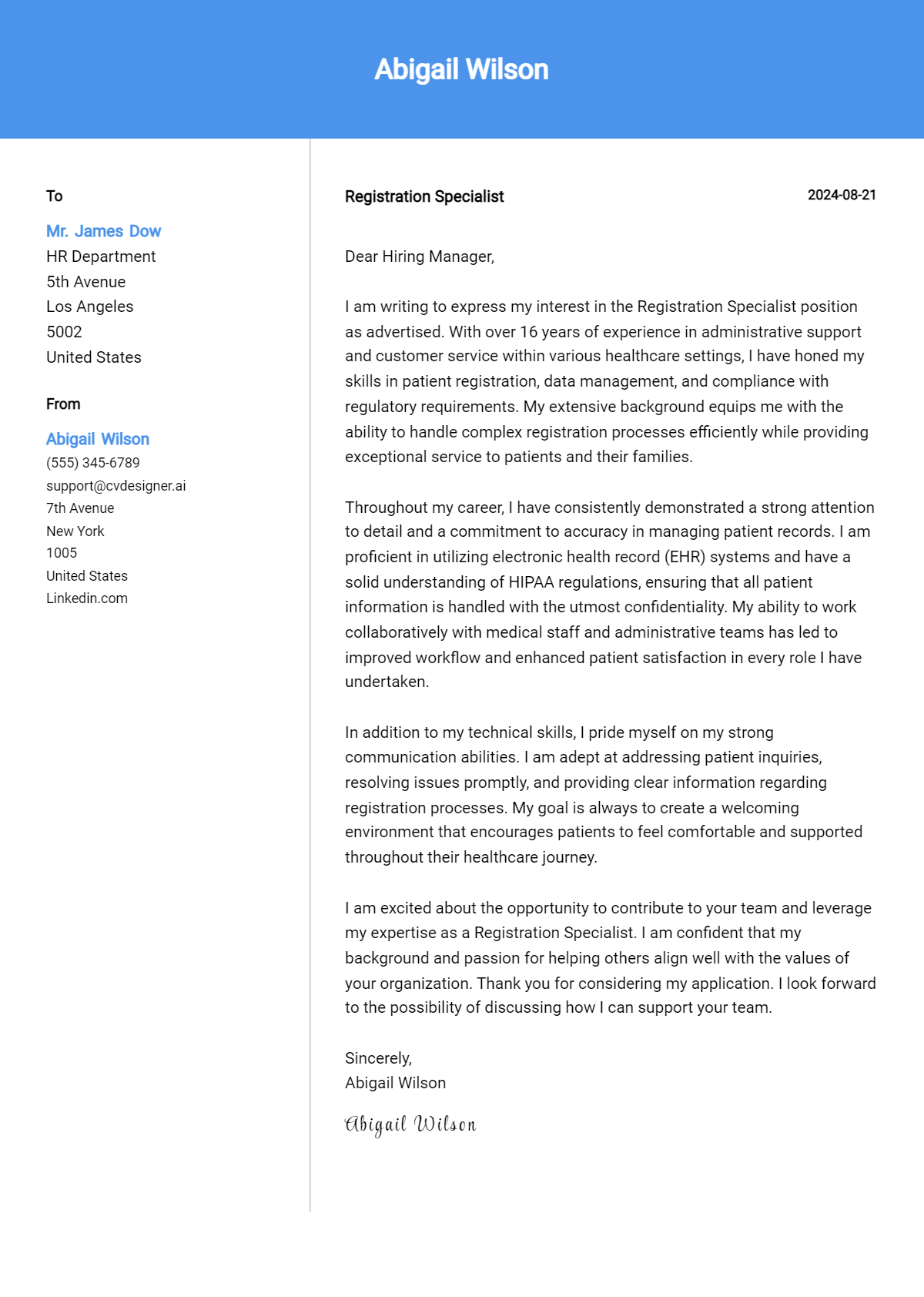 registration specialist cover letter example