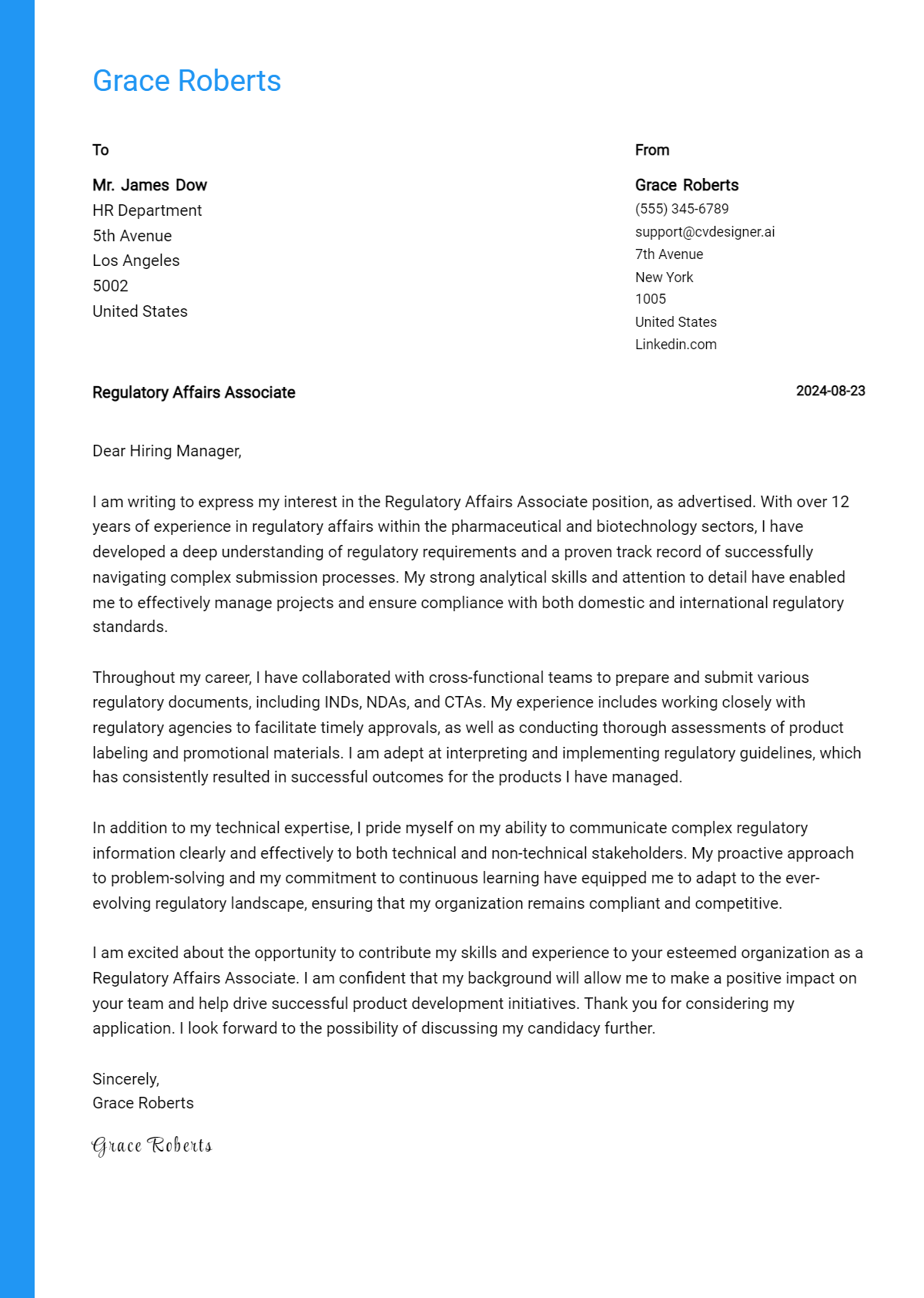 regulatory affairs associate cover letter example